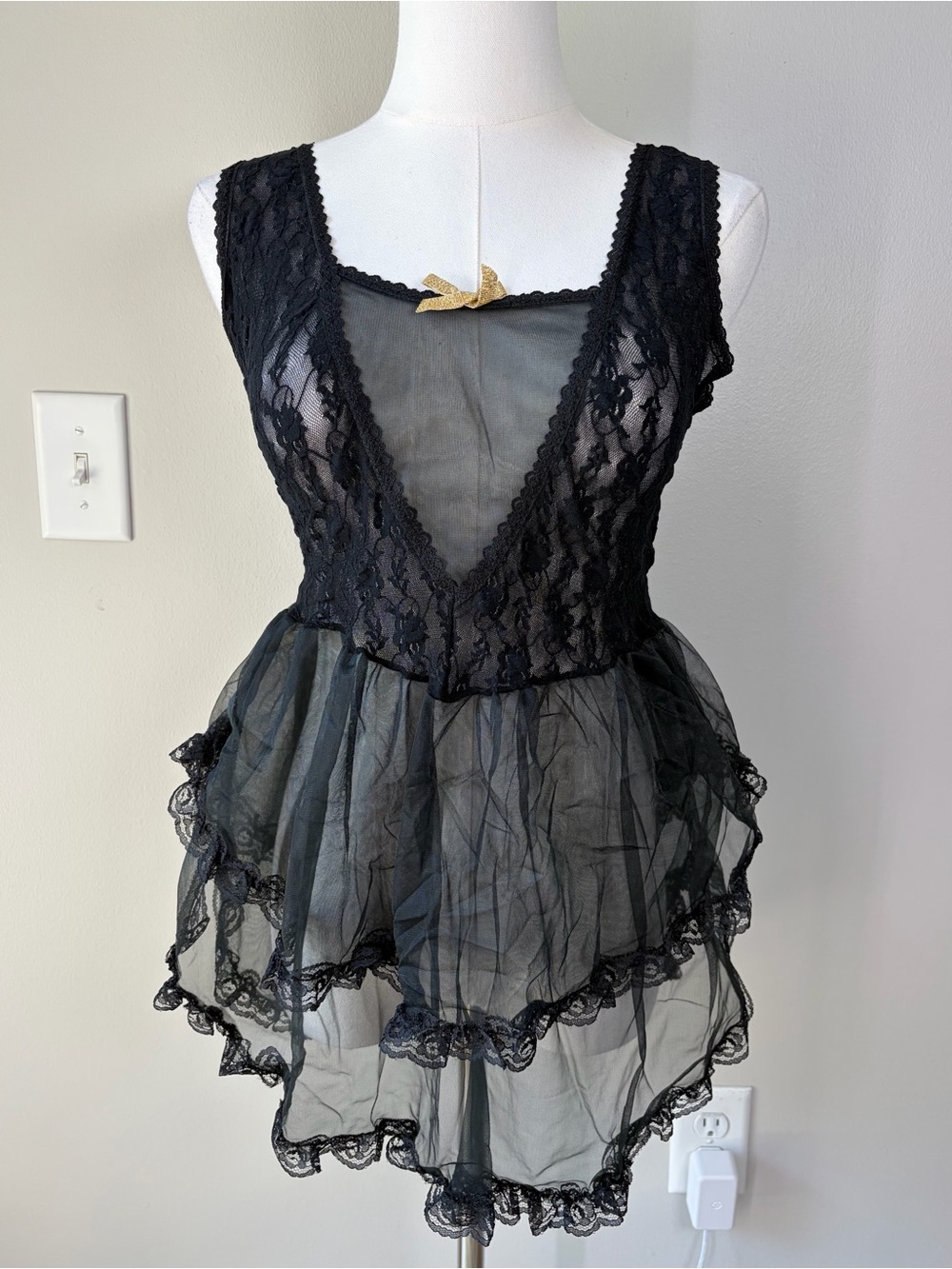Vintage Stroke of Midnight Black Lace and Sheer Mesh Tiered Babydoll Top